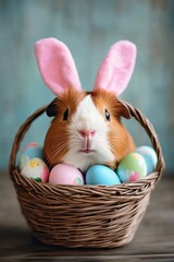 A cute guinea pig with bunny ears sits in a wicker basket filled with colorful Easter eggs against a soft blue background.
