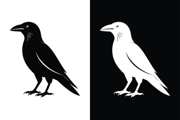 Crow Bird Silhouette Vector Icon Black and White Background.