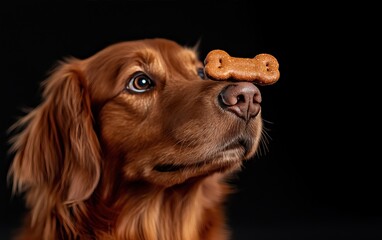 A golden retriever balances a dog treat on its nose, showcasing patience and skill against a dark background.