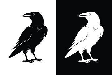 Crow Bird Silhouette Vector Icon Black and White Background.