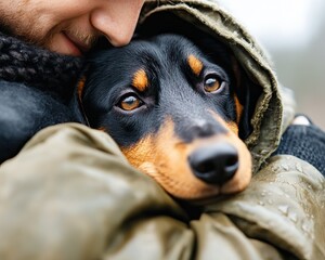 A person gently embraces a dog, showcasing a bond of affection and warmth in a cozy outdoor setting.