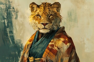 Anthropomorphic tiger character wearing traditional japanese clothing portrait art