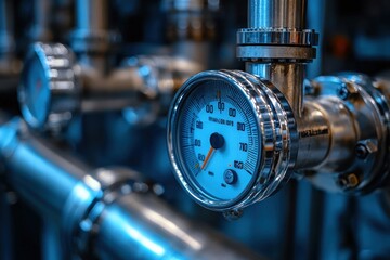 Fototapeta premium Close-up of a metallic pressure gauge on industrial piping in a factory setting