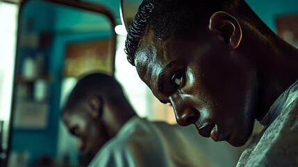 Close-up portrait of a young Black man getting a haircut in a barbershop, another man is blurred in the background.