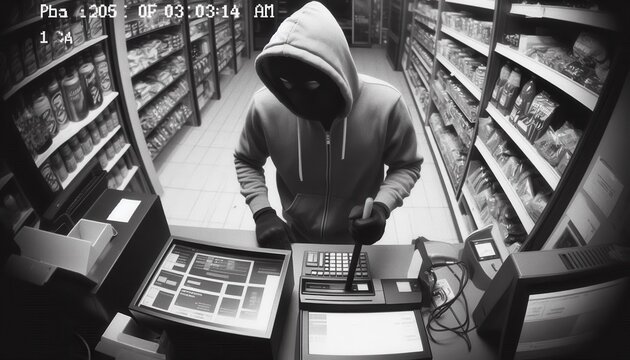 Store robbery incident convenience store security footage urban environment cctv perspective