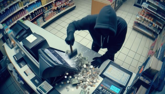Robbery incident at convenience store urban location crime footage nighttime cctv viewpoint