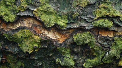 Textured Tree Bark with Green Moss and Natural Patterns in Detail