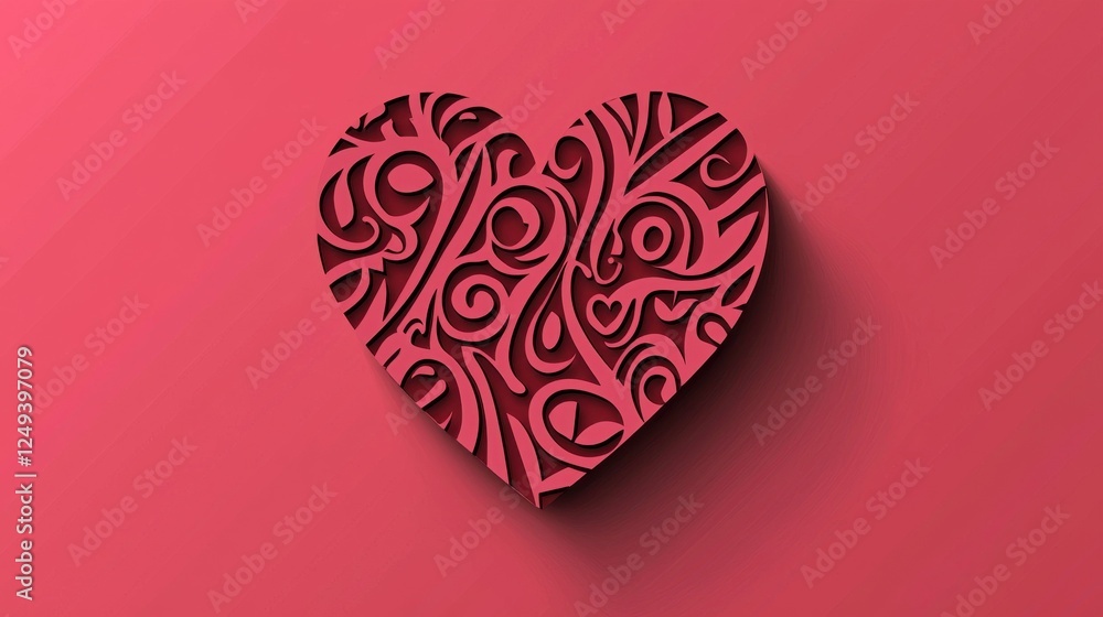 Poster intricate red heart design with swirling patterns on pink background