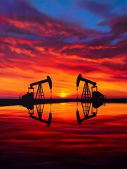 Fototapeta premium Oil Pumps Silhouette Against Sunset Reflection - This image features oil pumpjacks silhouetted against a vibrant sunset, reflecting beautifully on the water surface.