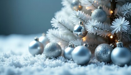 Glittering silver and white glass balls scattered around a frosted white Christmas tree, winter, decorations, glass
