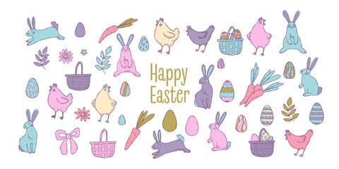 Set of Easter animals, decorations and florals in pastel colours. Good for posters, postcards, stickers, banners, scrapbooking.