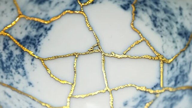 Closeup rotating view of kintsugi bowl with gold restoration detailing