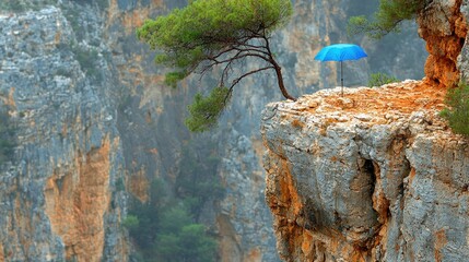 A lone umbrella on a cliffside with a tree, surrounded by rocky mountains and mist.