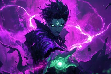A dark sorcerer casts a powerful spell with his hand