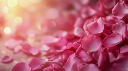 Fototapeta premium Close-up of pink rose petals scattered on a surface with warm sunlight in the background