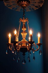 Mysterious chandelier with candles hanging from dark ceiling, opulence, gemstones