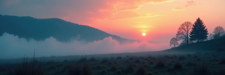 Obraz premium Mysterious fog creeps over the ground at dawn, mysterious, terrain, smoky