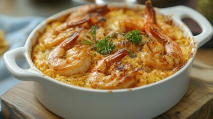 Delicious Shrimp Casserole with Cheesy Top and Fresh Herbs