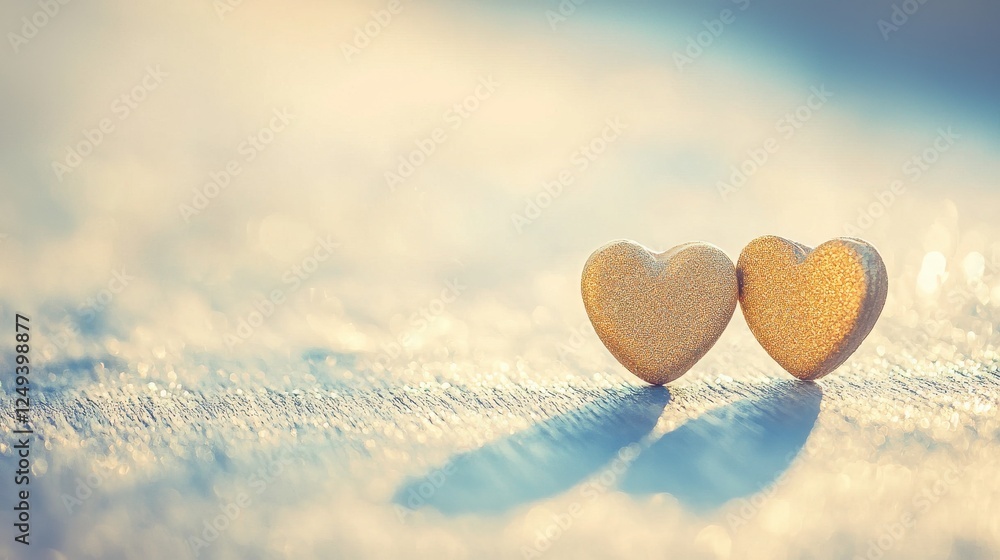 Poster two golden heart-shaped objects on a soft background
