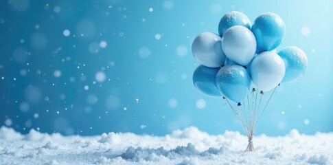 Offset bunch of balloons in shades of blue and white, frozen, cold weather