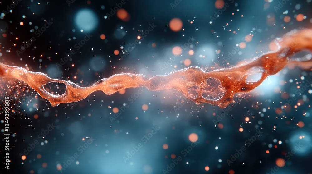 Poster a vivid visualization of vibrant liquid flow interspersed with particles, representing the dynamic i