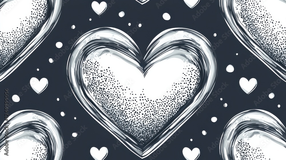 Poster black and white heart pattern with dots and texture elements