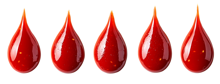 Five drops of tomato sauce or ketchup in different stages isolated on transparent background. PNG