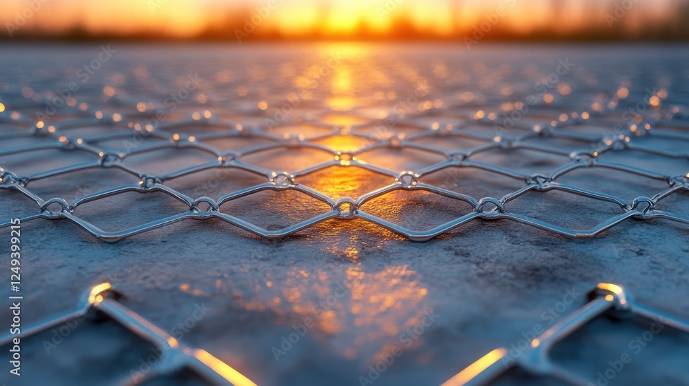 Poster a mesmerizing wire mesh reflecting the captivating colors of a sunset, illustrating harmony between 