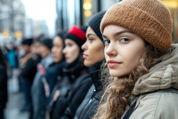 Fototapeta premium Image of group of diverse people silhouettes standing together in a line generative ai