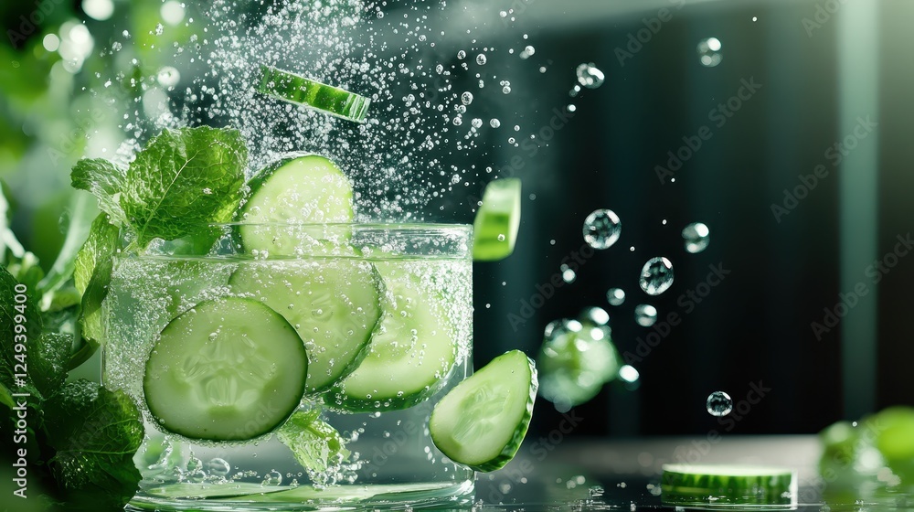 Poster a refreshing splash of cucumber slices in sparkling water, accented with mint leaves, creating a vib