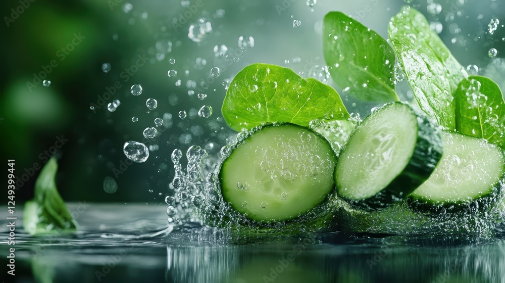Poster this vibrant image captures sliced cucumbers splashing in clear water, evoking a sense of freshness 