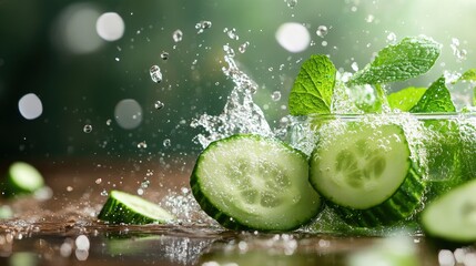 This image captures the vibrant splash of fresh cucumbers and mint leaves in water, symbolizing freshness and vitality, perfect for summer beverages or health imagery.