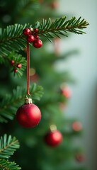 Fototapeta premium Ornament hanging from a branch with mistletoe, natural elements, mistletoe, christmas tree branches