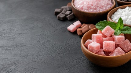 A visually appealing arrangement of different textured candies in rustic bowls highlights the artistic beauty of confectionery and the joy of culinary diversity.