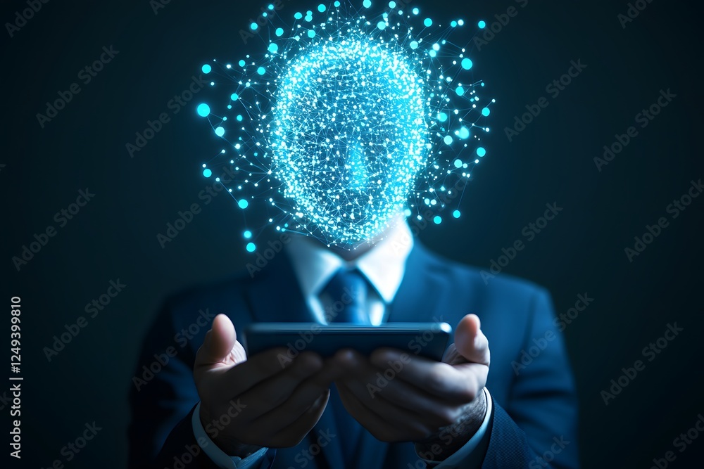 Poster digital identity: a businessman holds a smartphone, a digital representation of his head forms above