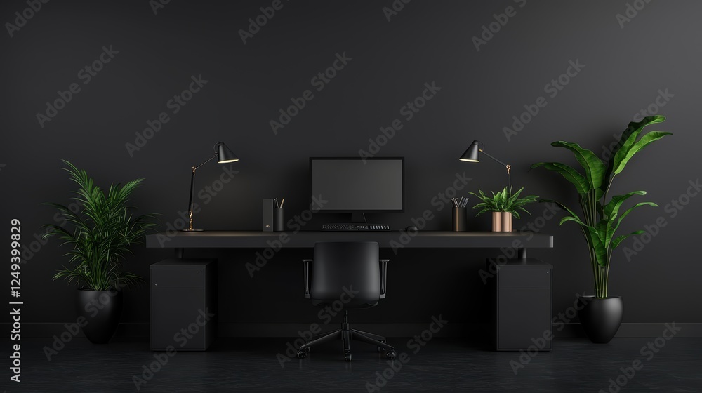 Poster enhance your productivity, a modern desk setup with computer and plant for balanced workspace