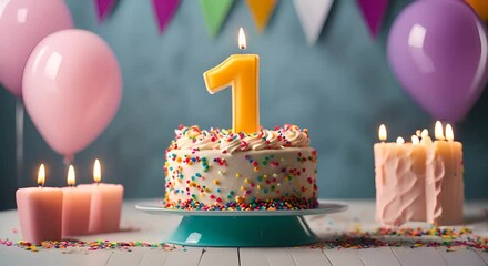 1st birthday celebration cake, with candles in the shape of the number 1