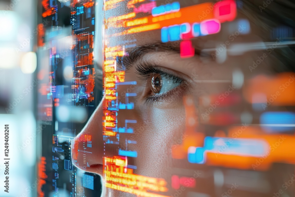 Wall mural digital transformation for the future of adaptation close-up of a person's face with digital code ov