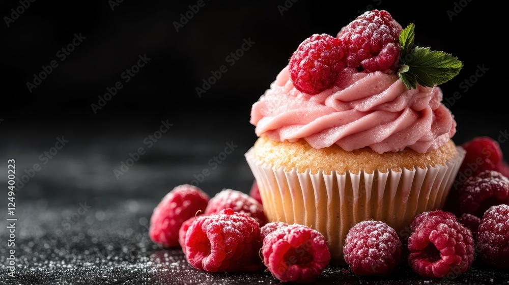 Poster this image captures a tantalizing raspberry cupcake placed on a dark surface, highlighting the color