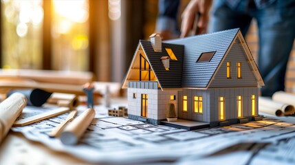 A model house surrounded by blueprints and tools in a beautifully lit workspace.