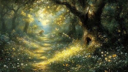 Magical forest path, girl with animals, sunlit glade, fairytale illustration, children's book