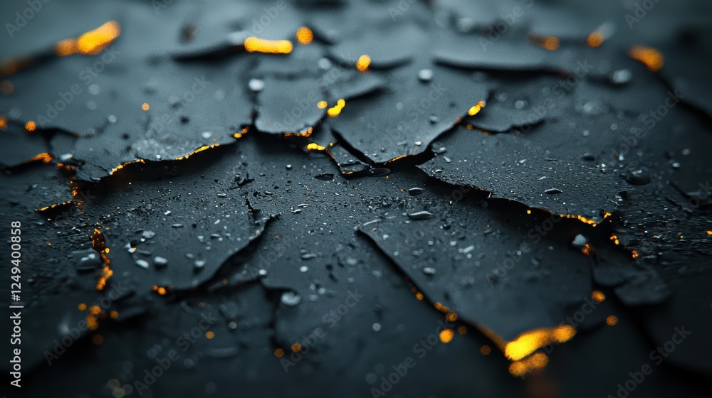 Poster intricate abstract, closeup of water droplets on a textured black surface, creating pattern of refle