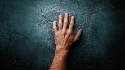 An open hand rests on a textured blue surface, symbolizing a deep connection to the environment and the act of grounding oneself within an artistic and serene space.
