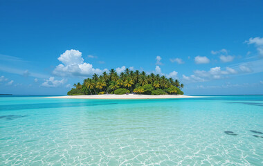 Fototapeta premium A tropical island with turquoise water, white sand, palm trees, paradise vacation.