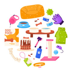 Set of different pet equipment, accessories. Dogs and cats shop goods for care, feeding, grooming and leisure. Flat vector illustration in cartoon style. Isolated white background
