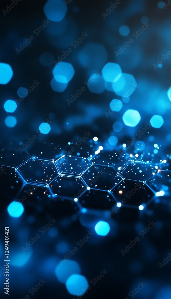 Aufkleber bright blue hexagon grid lines network on a dark background, 3d rendering with glowing spheres