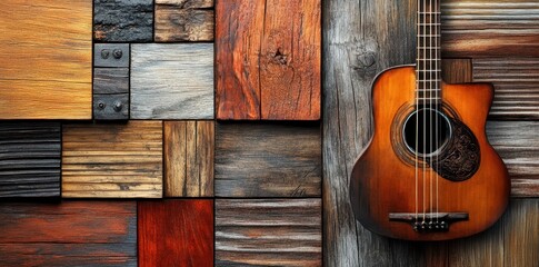 Obraz premium Acoustic guitar displayed against a background of reclaimed wood pieces
