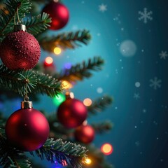 Twinkling winter wonderland scene featuring fir branches topped with glittering red ornaments and colorful holiday lights, fir, holiday