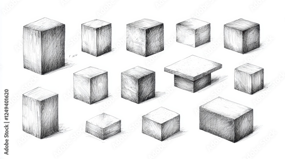 Poster geometric cubes, a captivating abstract drawing of interlocking cubes, showcasing depth and dimensio