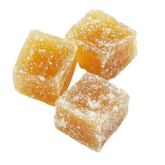 Ginger candy stock photo featuring three square pieces of raw ginger candy with clear, transparent sugar coating on a transparent background png (2)